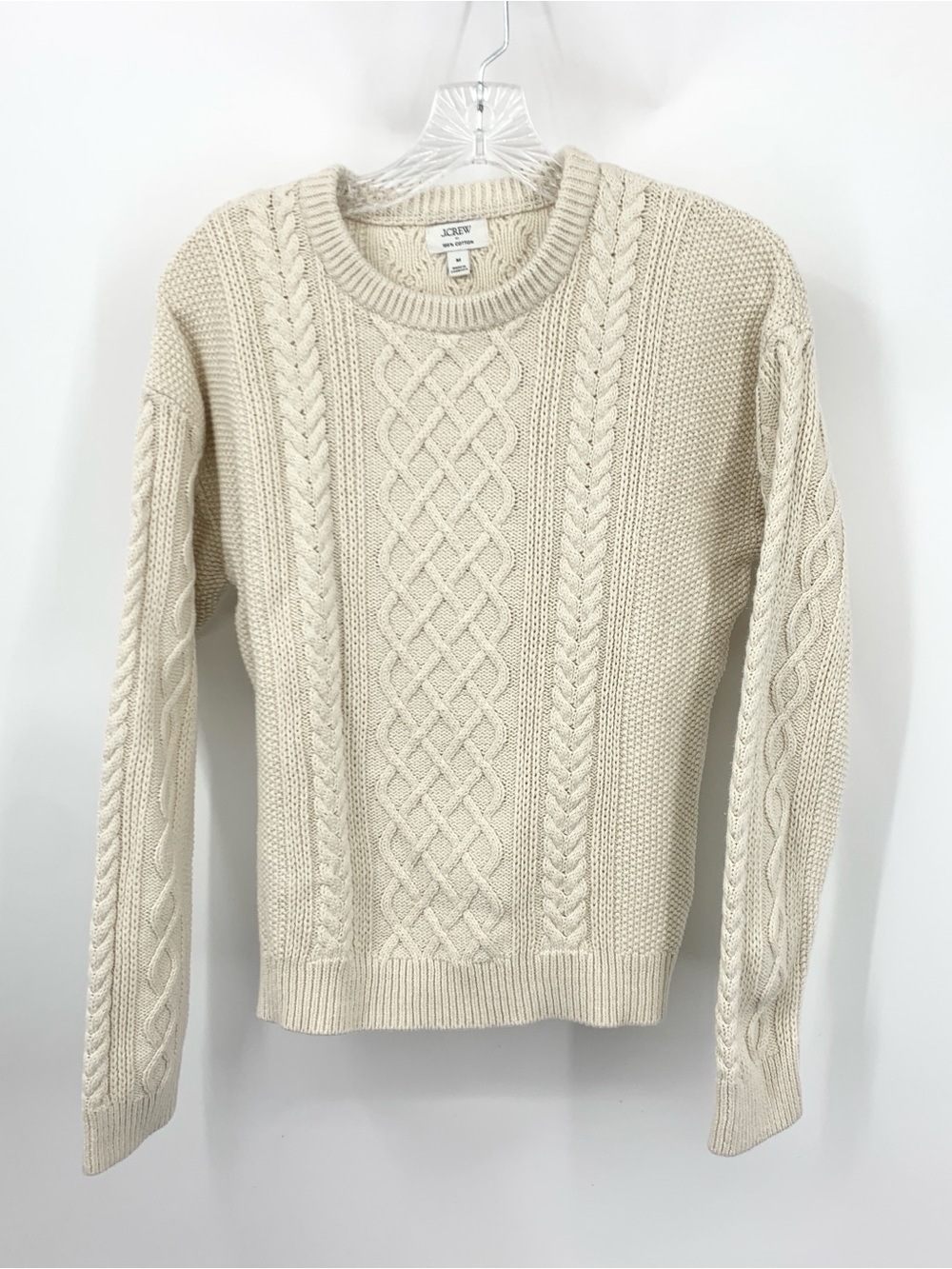 J Crew Women Size Medium Sweater Beige White Cotton Cable Knit Crew Top Shirt
